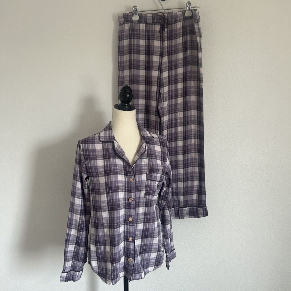 UGG Raven Pajama Set Purple Plaid Flannel PJ Button Front  Top & Bottom Sz S